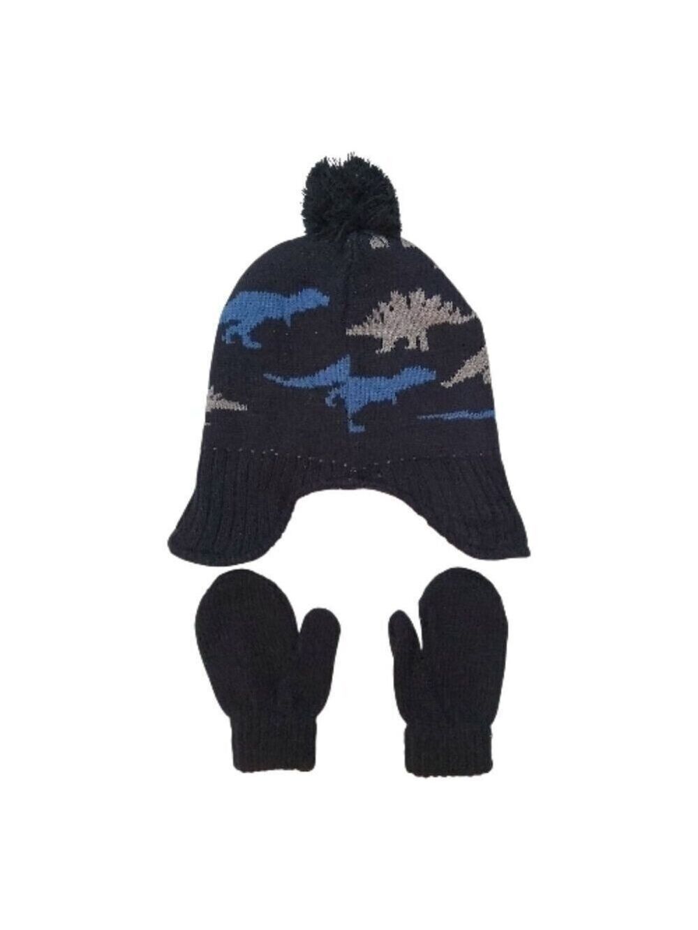 Cute Dinosaur Knit Hat & Mittens Set Navy Blue with Dino Print Pom Pom Winter